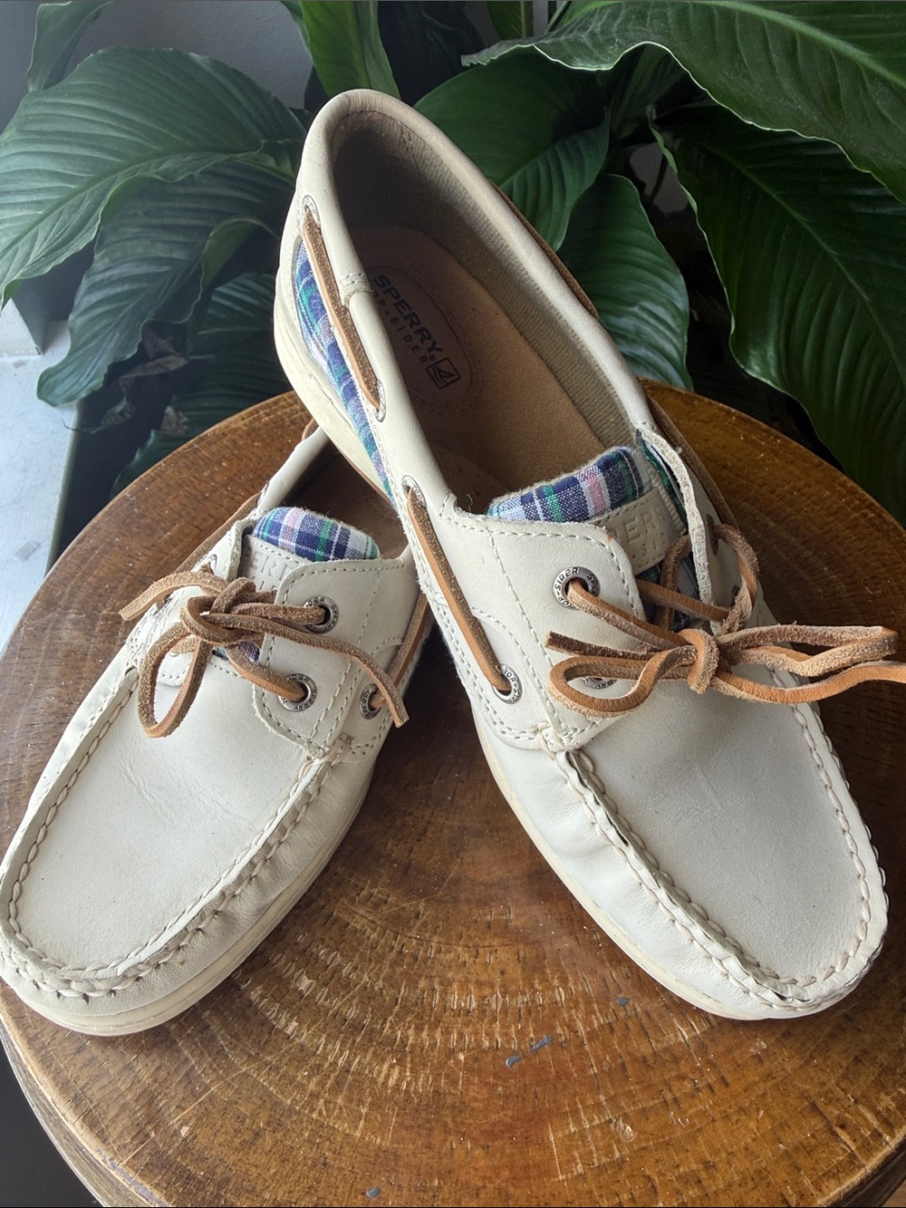 Sperry Beige Leather Boat Shoes with Plaid Trim